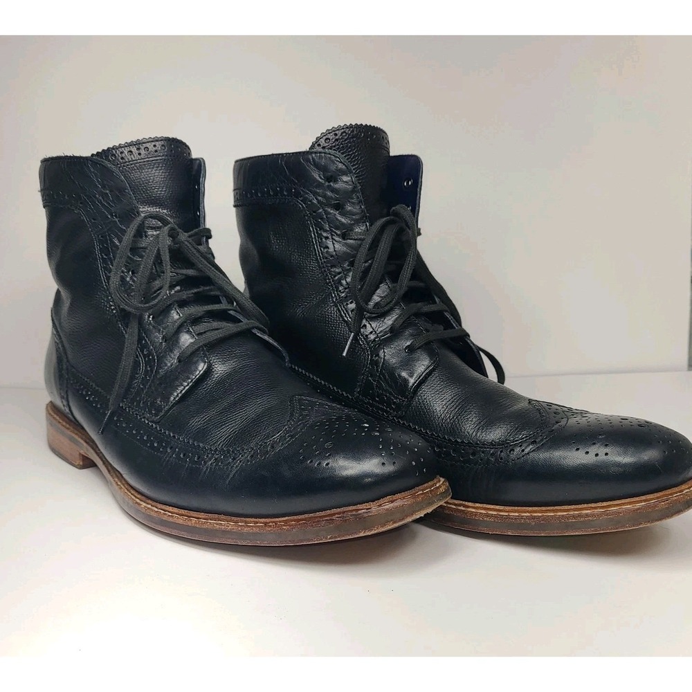 Cole Haan Mens 13 Wingtip Leather Boots Black Brogue Lace Up Dress Casual